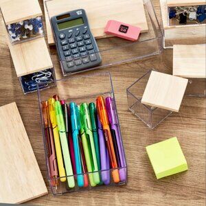 NEW Drawer Desktop Organizer 8 Piece Set Acrylic Clear with Wooden Lids Office S